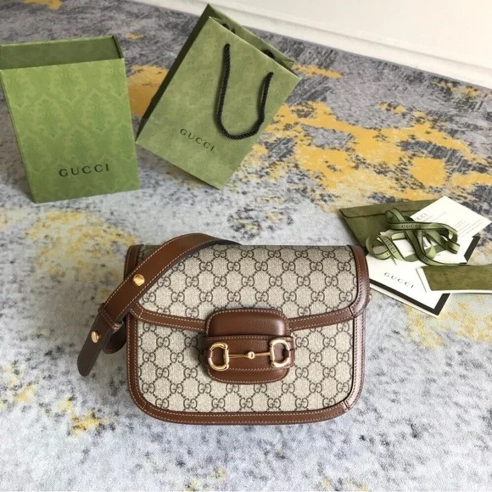 Authentic Gucci Beige GG Canvas Brown Leather Trim Saddle Bag